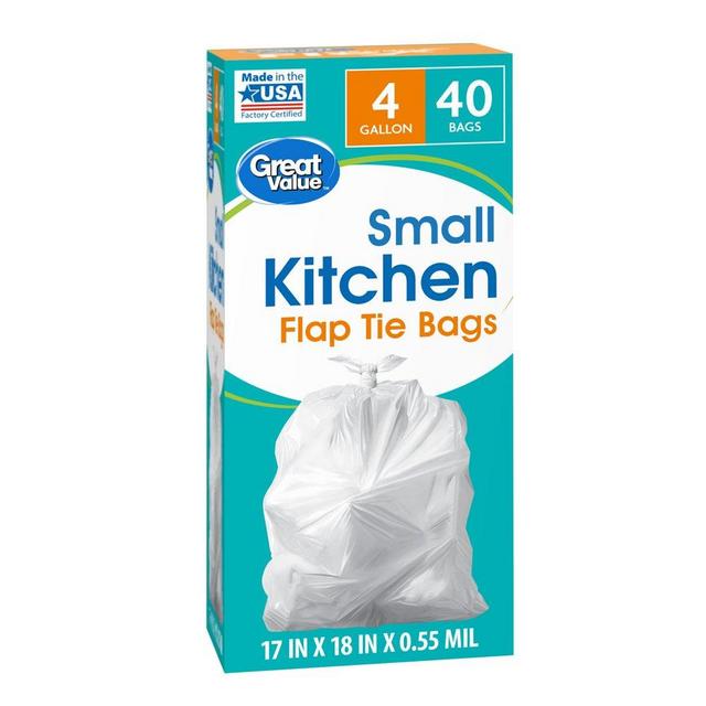 Great Value Small Kitchen Flap Tie Trash Bags, 4 Gallon, 40 Bags