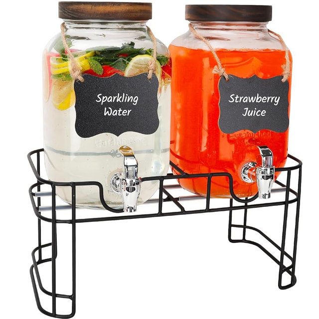 Glass Drink Dispensers For Parties, 2 PACK 1 Gallon Beverage Dispenser With Wooden Lids, Metal Stand And Spigot 100% Leak proof. Lemonade Dispenser With Chalk board