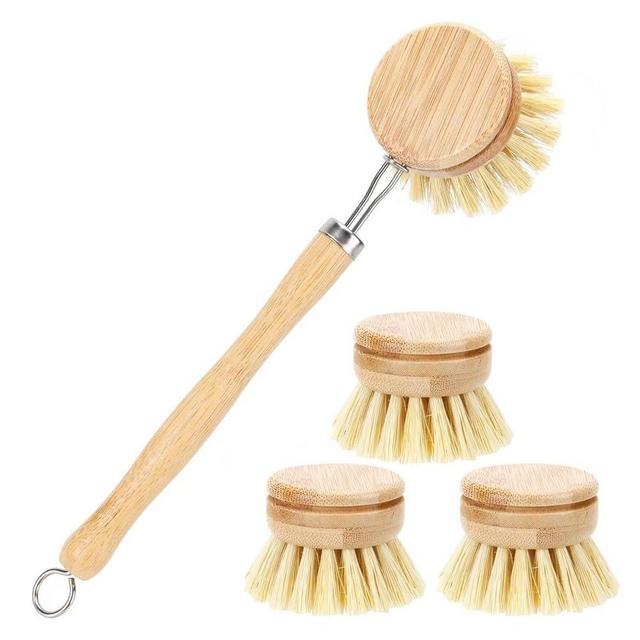 Bamboo Dish Brush with 4 Replacement Heads, Eco Friendly Products, Dish Scrub Brush for Cleaning Kitchen Utensils