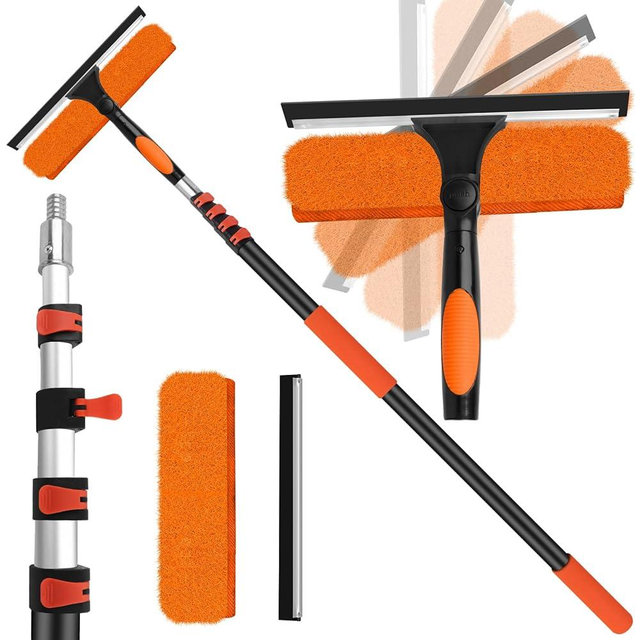 26FT High Window Cleaning Kit with Pole,2 in 1 Window Squeegee for Window Cleaning,5-20FT Professional Window Clean Pole Kit Include Replacement,180°Rotatable Squeegee for Indoor/Outdoor High Windows
