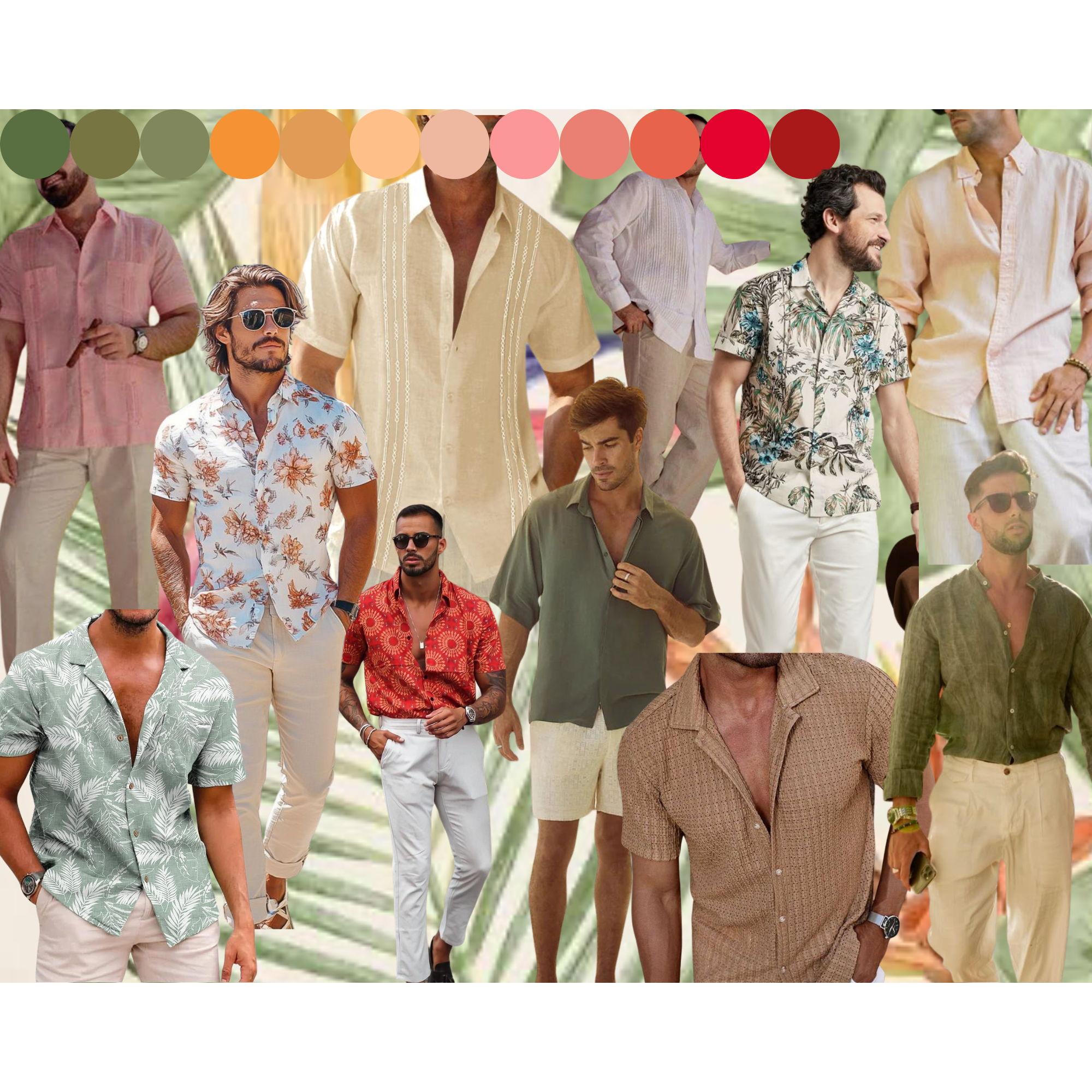For our tropical beach wedding, we invite men to dress in light, breathable fabrics. Please avoid dark colors such as black, and feel free to wear shorts if you'd like. Comfort and style are key!