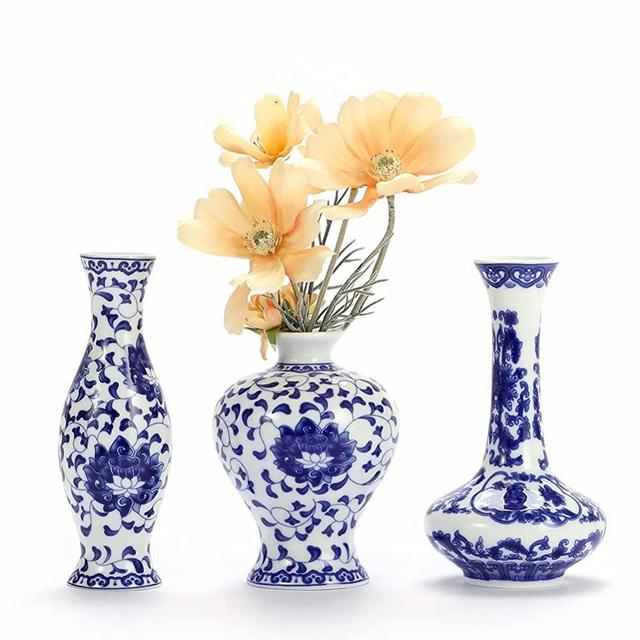 Bigsee Small Blue and White vases Classical Ceramic Vases Set of 3, Blue and White Porcelain vase with Art Flambed Glazed，Decorative Modern Floral Vase for Home Decor and Events (No.01)