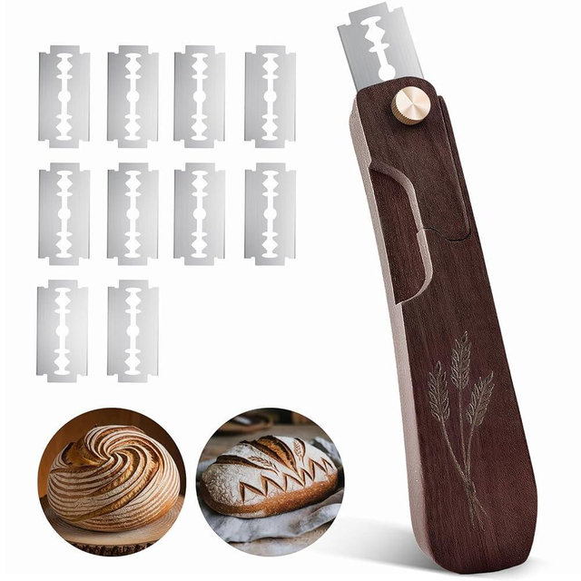 Drcomtruing Wooden Bread Lame Dough Scoring Tool, Handcrafted Bread Scoring Tool for Sourdough Bread Baking, Upgraded Sourdough Scoring Tool With Screw Lock & 10 Razor Blades(Black Walnut)
