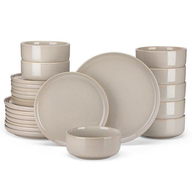 vancasso PLAYA Ceramic Plates and Bowls Sets,24 Pieces Grey Dinnerware Sets for Kitchen,Reactive Glaze Dishes Set for 8, Dishwasher and Microwave Safe