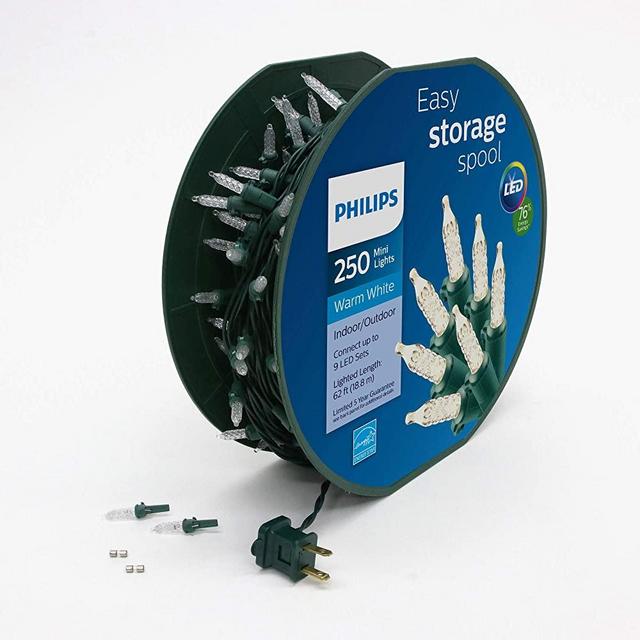 Philips 250 LED Warm White Faceted Mini Christmas Lights on Green Wire with Storage Spool - UL Listed for Indoor/Outdoor Use - 64.33' Length with 4" Bulb Spacing - String Lights for Christmas Tree