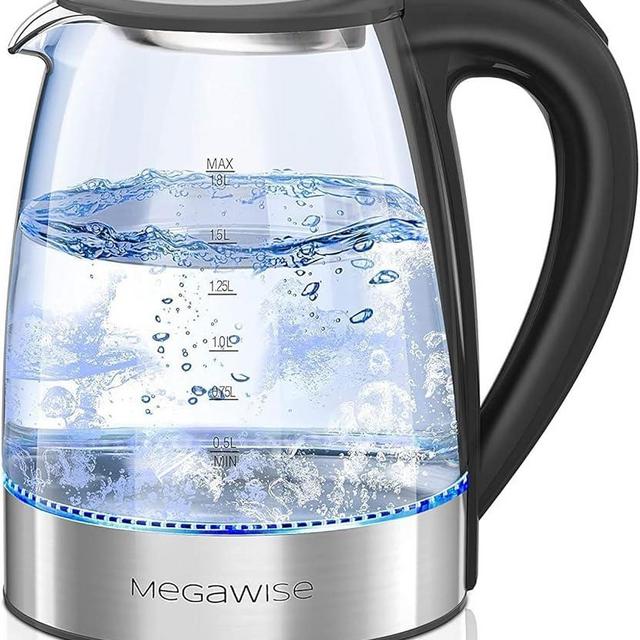 Megawise Electric Glass Kettle with Auto Shut-Off, 1.8L Capacity, 1000W Fast Boil, BPA-Free, Stainless Steel Inner Lid & Base, Blue LED Indicator, Easy Clean, Cord Storage