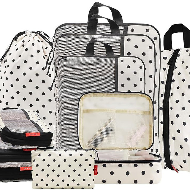 U+U 10 Set Compression Packing Cubes - Travel Organizers with Laundry Bag, Space-Saving Suitcase Organizer, Expandable Packing Organizers for Travel Essentials (Polka Dot)