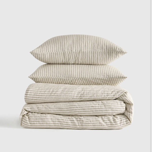 European Linen Duvet Cover Set - Full/Queen Willowleaf/ white stripe