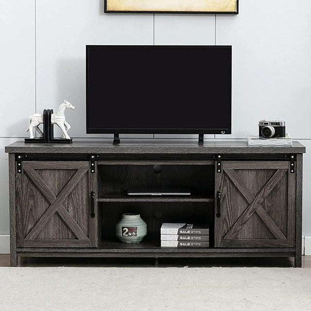 58" Farmhouse TV Stand for TVs up to 65 inch, Rustic Entertainment Center TV Cabinet for Living Room Bedroom, Wooden Sliding Barn Door TV Console Media Cabinet with Storage and Shelves