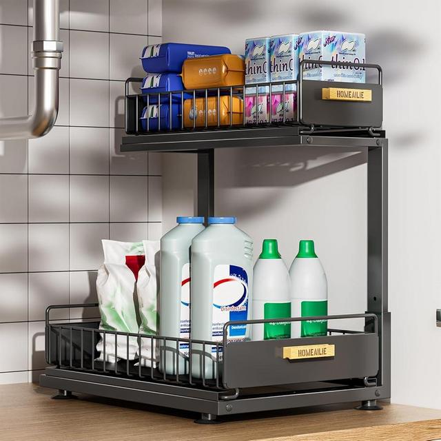 HOMEAILIE Under Sink Organizer, High Adjustable 2 Tier Under Kitchen Sink Organizer, Multi-Purpose Storage Shelf for Kitchen Bathroom Cabinet, Black