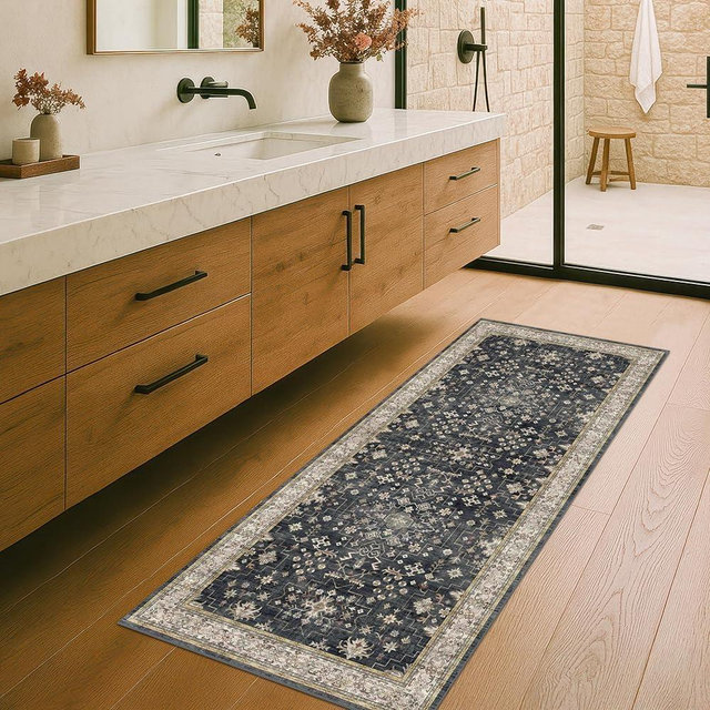 Black Boho 2x5 Runner Rug, Small Throw Runners for Hallway Bedroom Entryway Kitchen Laundry Room, Vintage Floral Design & Non-Slip Low-Pile Washable Stain Resistant, Ashen Charcoal