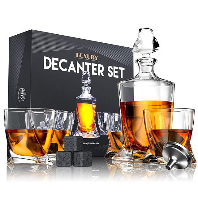 Premium Glass Decanter Set, Whiskey Decanter Set 4 Liquor Glasses, Mens Gift 9 Cooling Whisky Stones and Funnel for Rum, Scotch, Bourbon, Whisky, Crystal Clear Liquor Decanter Drinking Set (Glass)
