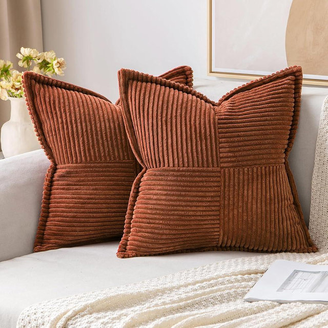 MIULEE Dark Rust Pillow Covers 18x18 Inch with Splicing Set of 2 Super Soft Boho Striped Corduroy Pillow Covers Broadside Decorative Textured Throw Pillows for Fall Couch Cushion Livingroom