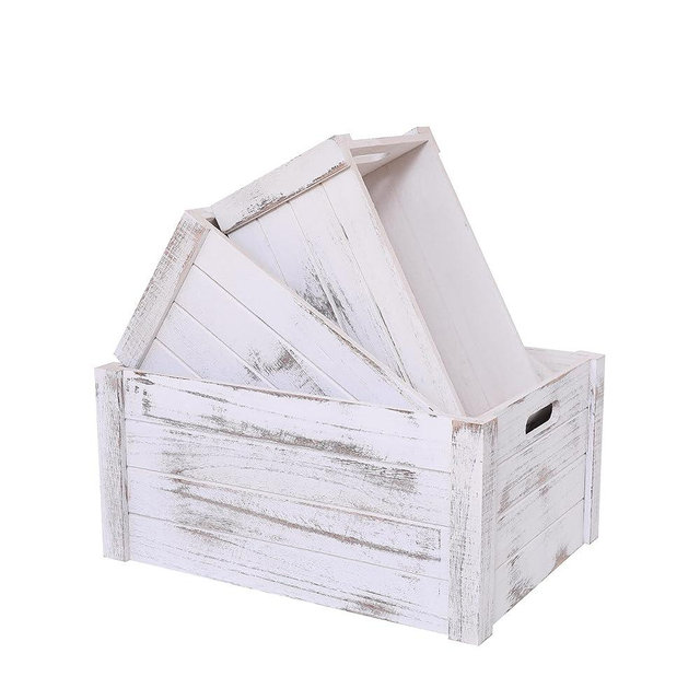 SENRYEE Farmhouse Antique White Wooden Crate For Storage,Rustic Decorative Boxes,Set Of 3 Extra Large Nesting Wooden Storage Crates For Home Decor,Handmade Natural Solid Wood Box (Rustic White)