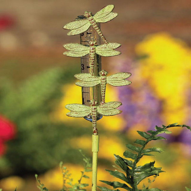 Sierra's Attic staked dragonfly cast brass/glass rain gauge 2"X 27" garden decor nature gifts gifts for the gardener outdoor yard art