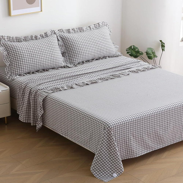 K MASANIJI Grey White Plaid Ruffle Gingham Sheets Queen Size 4-Piece Set, 300TC 100% Yarn Dyed Cotton Sheets 18 in Deep Pocket Decorative Bedding (Grey/White Plaid, Queen)