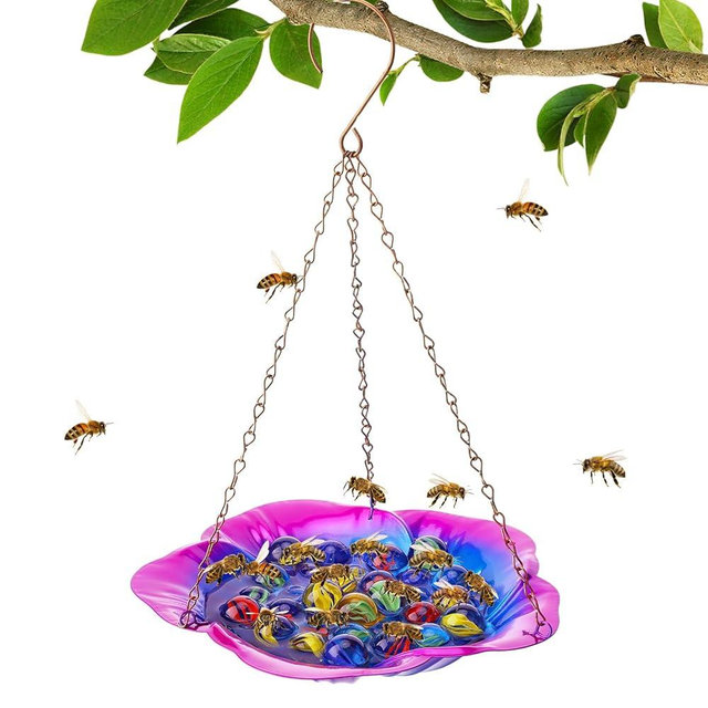 Bee Feeder with Vivid Hibiscus Design - Anti-Rust Iron Bee Watering Station for Feeding, Colorful Butterfly Bath Bowl Bee Cups with 30 Glass Marbles for Outdoor Yard Garden Decor Gifts (Purple)