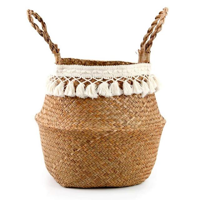 BlueMake Boho Woven Seagrass Belly Basket for Storage Plant Basket or Toy Basket Living Bathroom (Medium, Beige)