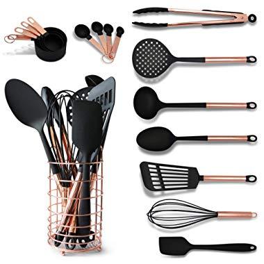 Black and Copper Cooking Utensils with Stainless Steel Copper Utensil Holder - 16-Piece Set Includes Black and Copper Measuring Spoons, Black and Copper Measuring Cups