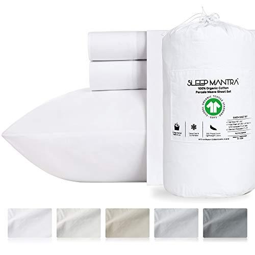 Sleep Mantra Bed-Sheet Set Organic Cotton King-Size - White Crisp Percale Weave 4-Piece Washed Sheet Sets, Hypoallergenic GOTS Certified Eco-Friendly Deep Pocket Bedding for 14 Inch Mattress