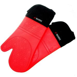 Extra Long Professional Silicone Oven Mitt - 1 Pair - Oven Mitts with Quilted Liner - Red - Homwe