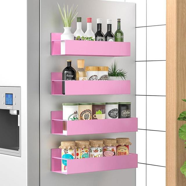 HuggieGems 4 Pack Magnetic Spice Storage Rack Organizer for Refrigerator and Oven, Pink Fridge Organizers and Storage