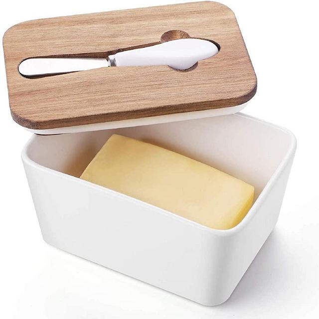 DOWAN Porcelain Butter Dish with Knife - Covered Butter Container with Wooden Lid for Countertop, Farmhouse Butter Dish with Covers Perfect for East West Coast Butter, White