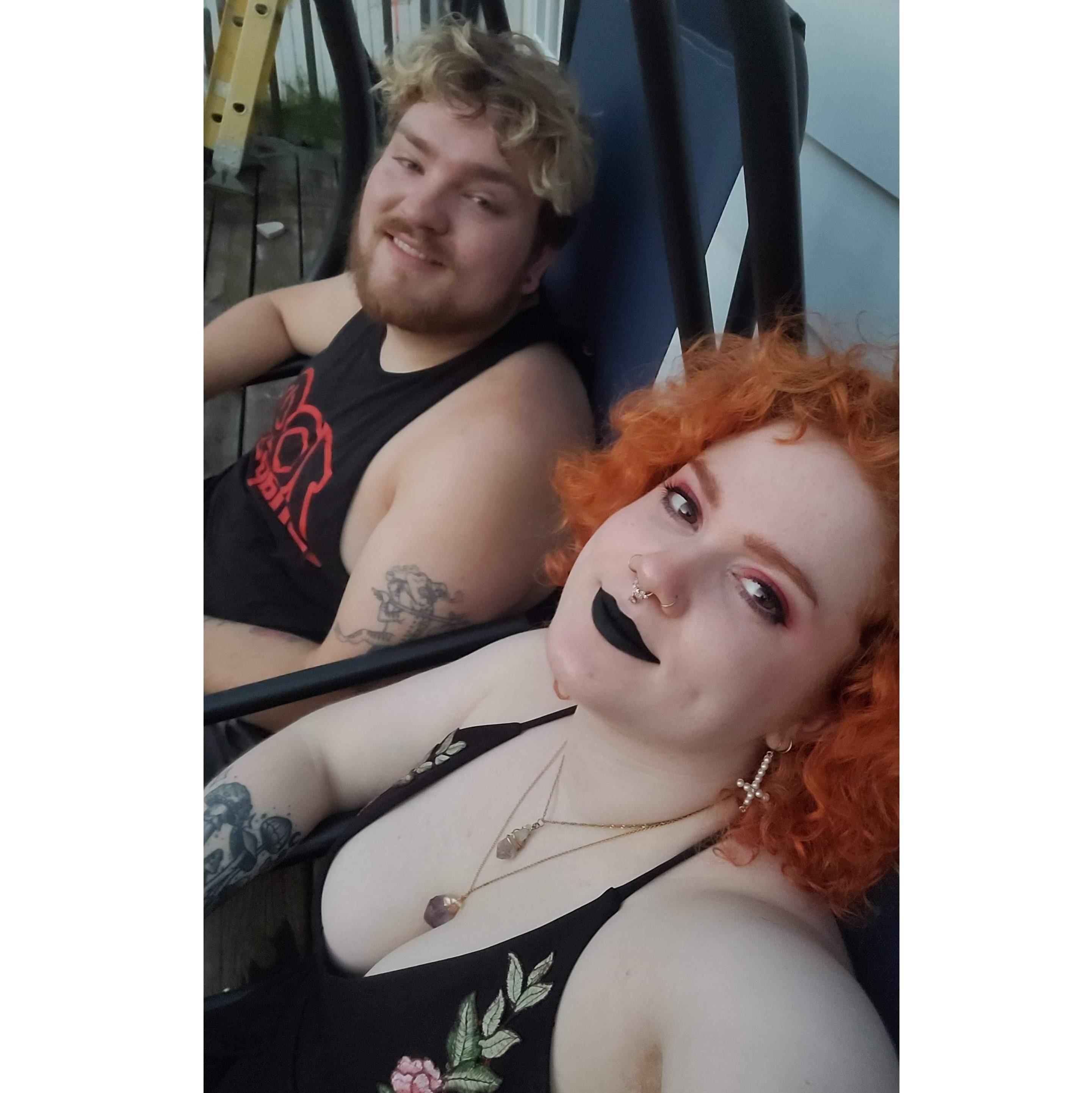 Relaxing after Kass's first performance with her (former) metal band