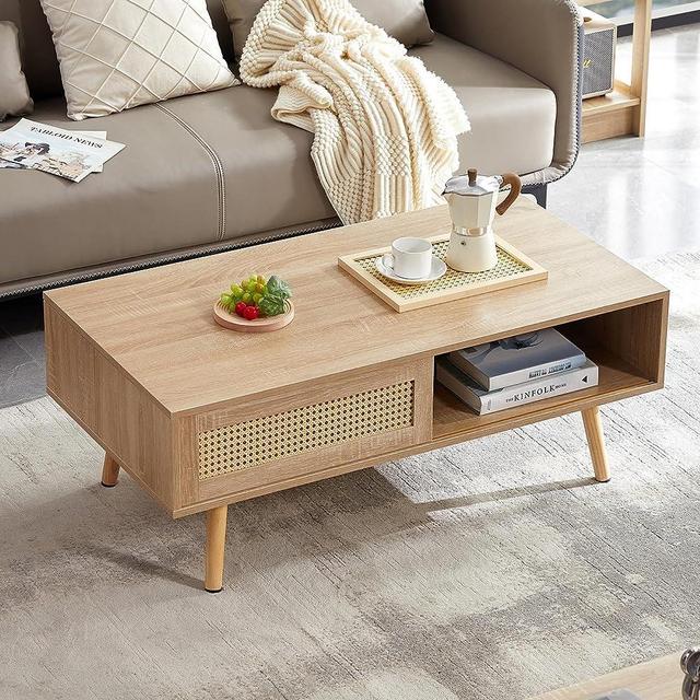 Vliekcy Rattan Coffee Table, 40.3" Mid Century Modern Coffee Table with Storage, Farmhouse Rectangle Wooden Accent Center Sofa Table with Rattan Sliding Door, for Living Room, Apartment-Natural Color