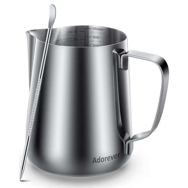Milk Frothing Pitcher 350ml/600ml/900ml/1500ml (12oz/20oz/32oz/50oz) Steaming Pitchers Stainless Steel Milk/Coffee/Cappuccino/Latte Art Barista Steam Pitchers Milk Jug Cup with Art Pen,12oz