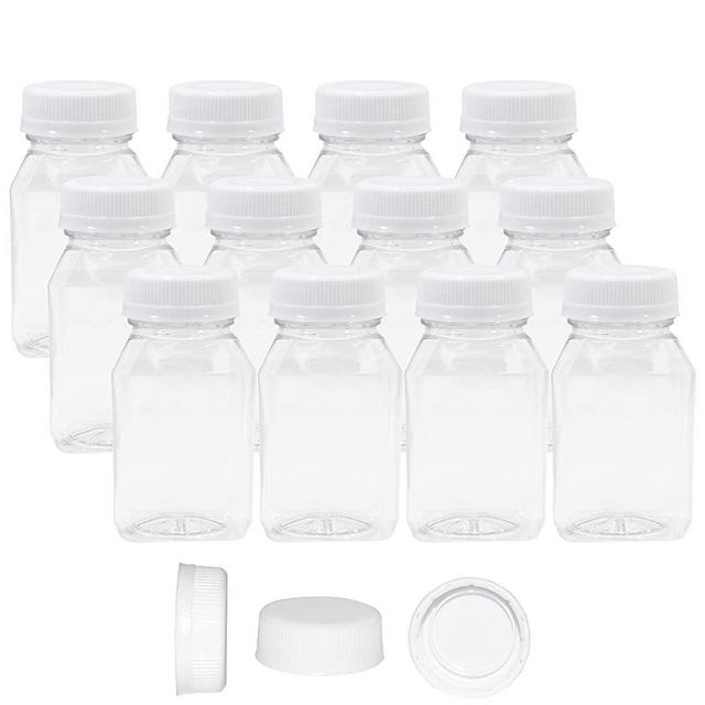 4 oz Empty Plastic Juice Bottles with Lids 12 Pack Small Clear Drink Syrup Disposable Containers Tamper Proof Caps Kids