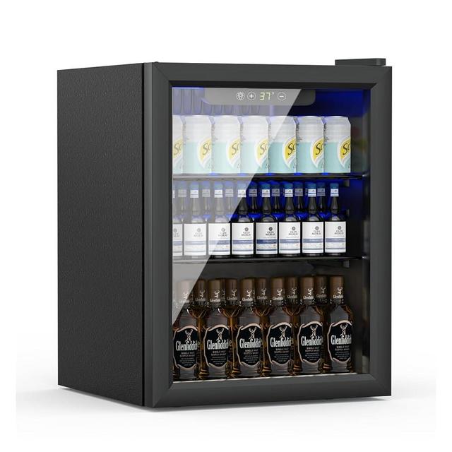 Erivess Compact Freestanding Beverage Refrigerator,70 Can Mini Fridge with Glass Front Door for Soda, Beer, or Wine, Under Counter Drink Dispenser with Adjustable Shelves and Digital Display