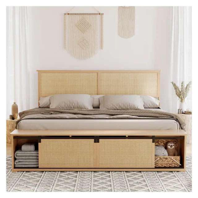Rattan King Bed Frame - Boho Farmhouse Style w/Sliding Barn Door Storage & Headboard, Solid Wood Platform Base