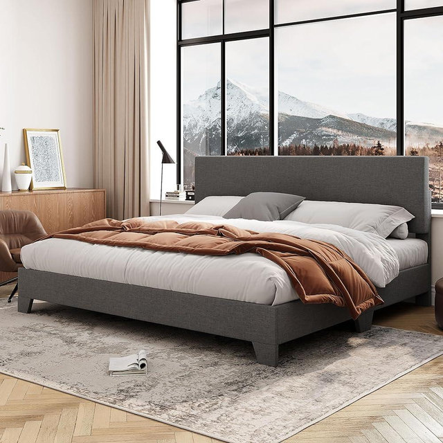 Allewie King Size Bed Frame with Adjustable Headboard, Upholstered Platform Bed with Wood Slats, Heavy Duty Mattress Foundation, No Box Spring Needed, Noise-Free, Easy Assembly, Dark Grey