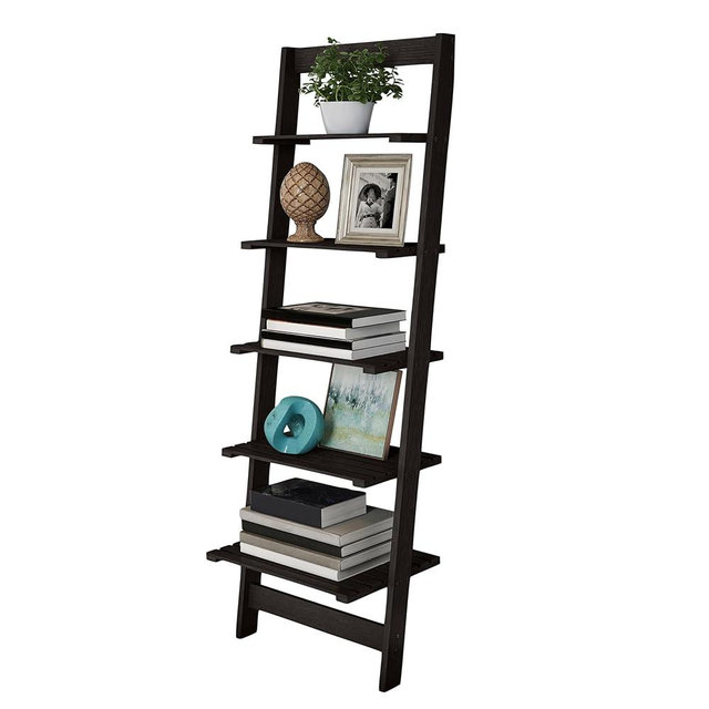 Lavish Home 5-Tier Ladder Shelf – 50" Narrow Leaning Wood Bookcase for Small Spaces, Decorative Storage in Living Room, Office, or Bathroom – Black Modern Display Shelf