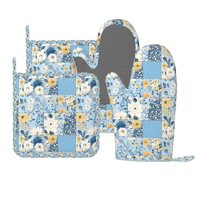 Oven Mitts and Pot Holders Floral Blue Pastel Vintage Silicone Kitchen Accessories Set of 4 Heat Resistant Long Gloves Potholder Non-Slip Grip for Chef Cooking Baking Grilling BBQ