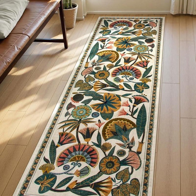 Zealude Egypt Floral Washable Bathroom Runner Rug for Kitchen Floor,2x8 Boho Rug Runners for Hallways Entryway,Vintage Non Slip Soft Throw Carpet for Laundry Room Entrance (Beige,2'6''x8')