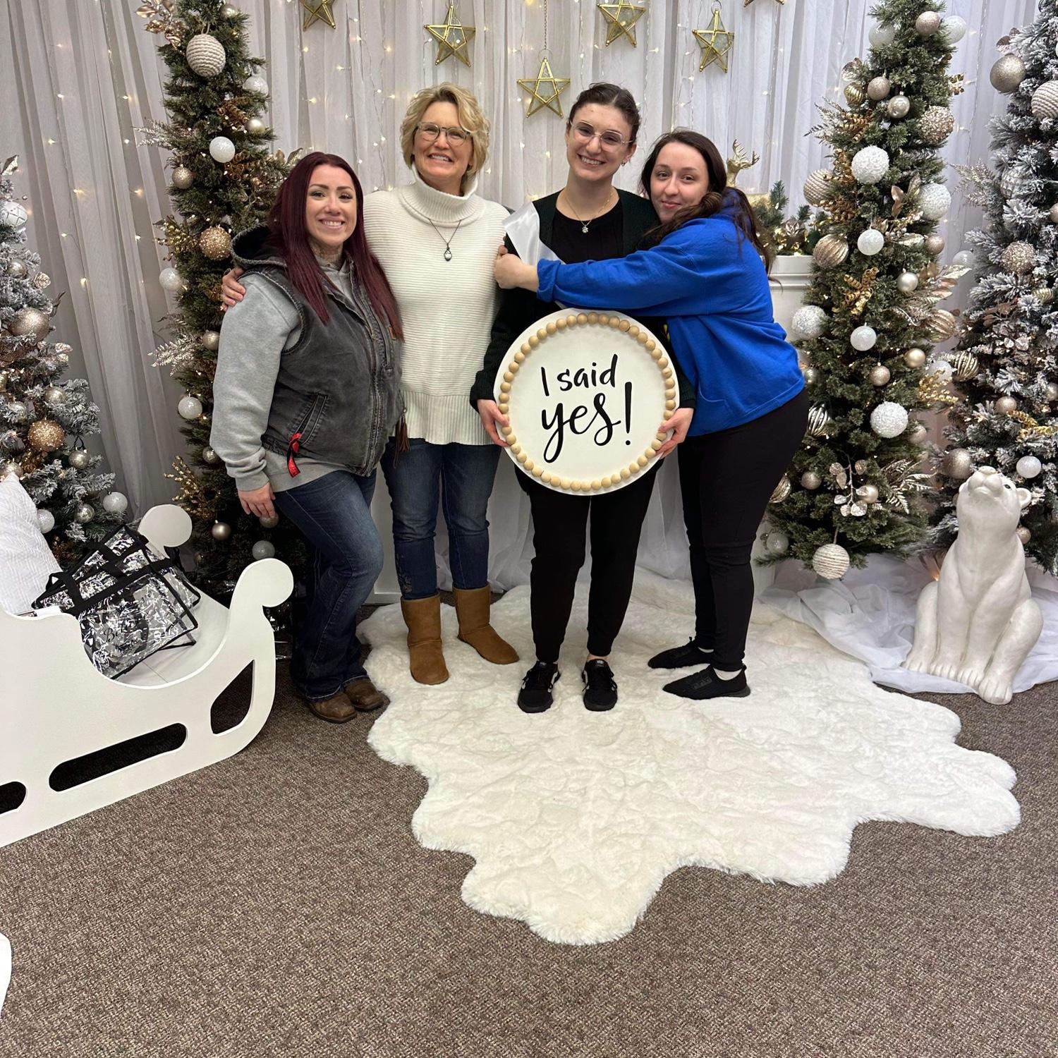 She said yes to the dress! Left to right: Rayia (Mariah’s sister in law), Diane (Mariah’s mother), Mariah, & Alli (Mariah’s best friend)