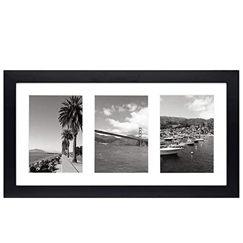 Golden State Art, 9x18 Black Wood Frame - White Mat for Three 5x7 Pictures - Sawtooth Hangers- Swivel Tabs - Wall Mounting - Landscape/Portrait - Real Glass - Collage Frame