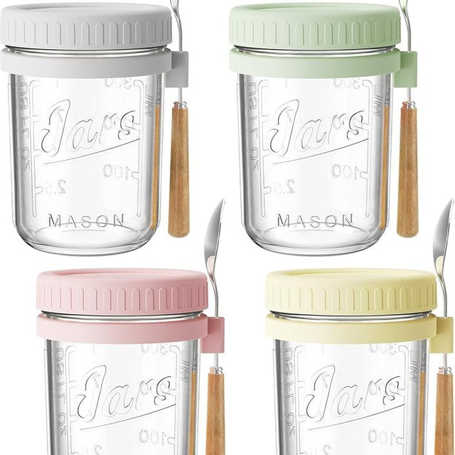 HomArtist 16oz Overnight Oats Containers with Lids and Spoons, 4 Pack Wide Mouth Mason Jars with Airtight Lids, Overnight Oats Jars for Salad, Chia Seed, Cereal, Yogurt