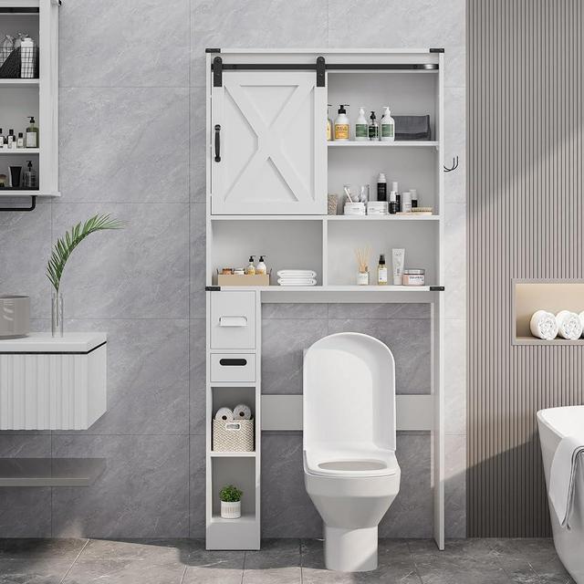 RoyalCraft Over The Toilet Storage Cabinet, Farmhouse Storage Cabinet Over Toilet with Sliding Barn Door, Home Space-Saving Toilet Rack, Behind Toilet Bathroom Organizer for Bathroom, White