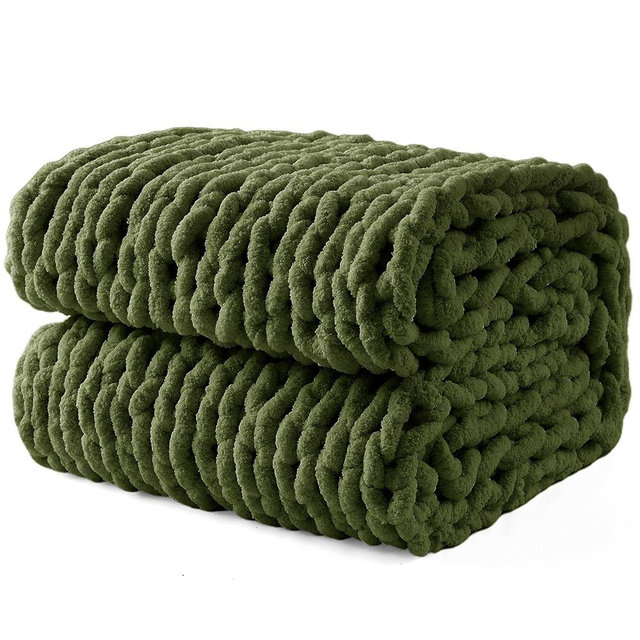 LONG CREATE Chunky Knit Throw Blanket 60"X 80", 100% Handmade with Soft Chenille Yarn, 6.7lbs Thick Cable Knitted Blankets, Large Rope Knot Crochet Throws for Couch Sofa Bed Home Decor, Olive Green