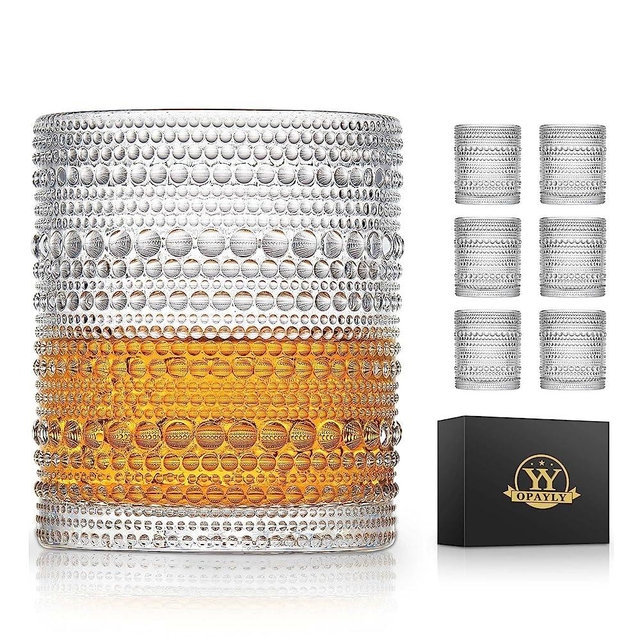 OPAYLY Old Fashion Glass 10oZ rocks glasses Set of 6 Beaded drinking glasses Vintage Glassware Set Gift for Men Women