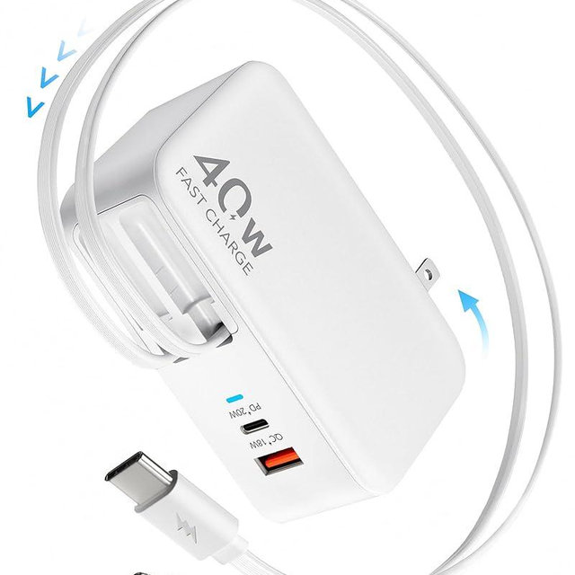 Hatalkin 4-in-1 Retractable Wall Charger Plug with Dual USB Ports and 35.5in/90cm Lightening and Type-C Cables,40W Fast Charging Foldable Block for iPhone 16/15/14/13/12/11,iPad,Galaxy,Pixel