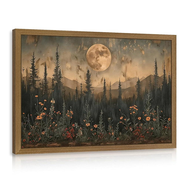 Snlihc Wood Framed Forest Landscape Wall Art, Rustic Moon Pine Tree Mountain Wall Decor, Farmhouse Woodland Poster Print, Vintage Scenery Canvas Painting for Living Room Bedroom Office 12x16 Inch