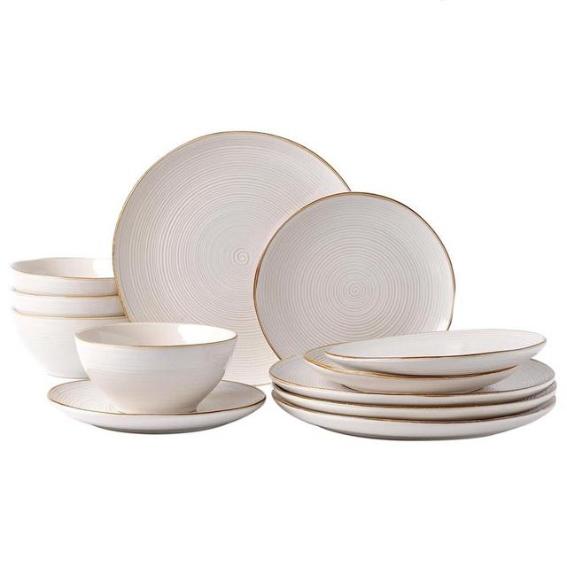 famiware Plates and Bowls Sets for 4, 12 Pieces Stoneware Dinnerware Sets, Dishes Set, Reactive Glaze Dishware Sets, Dishwasher & Microwave Safe, Tempus Series - Antique White