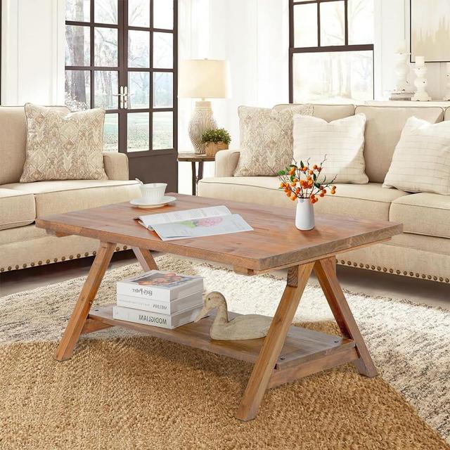 iVilla Farmhouse Coffee Table for Living Room, 2-Tier Solid Wood Coffee Table, Rustic Rectangular Coffee Table with Storage Open Shelf, Natural