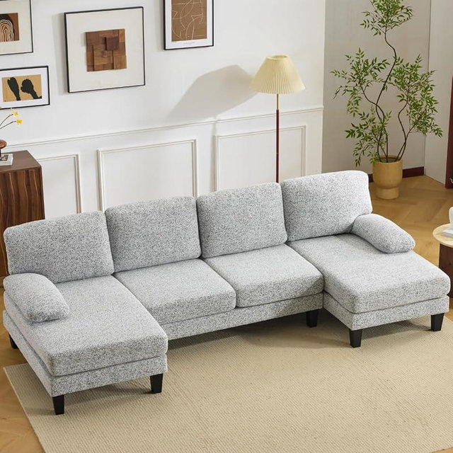 Karl home 110" U-Shape Sectional Couches for Living Room Chenille Upholstery 4 Seat Sofa Set with Double Chaises & Wood Grain Legs for Apartment, White & Grey