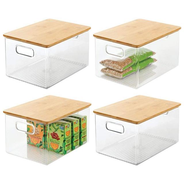 mDesign Plastic Stackable Kitchen Pantry Cabinet, Food Storage Bin Box with Handles, Lid - Organizer for Packets, Jars, Snacks, Pasta - 4 Pack - Clear/Bamboo Lid