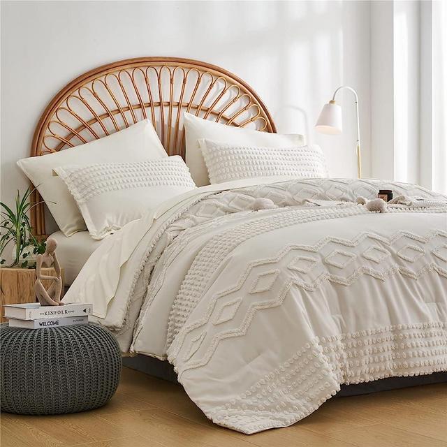 KAKIJUMN White Tufted Comforter Set Queen Size 7 Piece Bed in a Bag, Shabby Chic Boho Comforter and Sheet Set, Pom Pom Textured Bed Set, All Season Soft Microfiber Complete Bedding Set(White,Queen)
